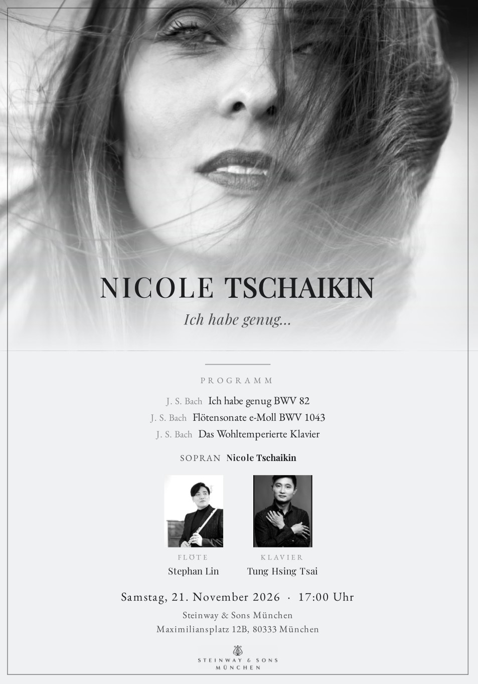 Konzertplakat: Nicole Tschaikin, Ich habe genug, Samstag 21. November 2026, 17 Uhr, Steinway und Sons München